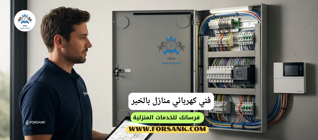 فني كهربائي محترف من شركة فرسانك يقوم بفحص وصيانة لوحة كهرباء في منزل بالخبر